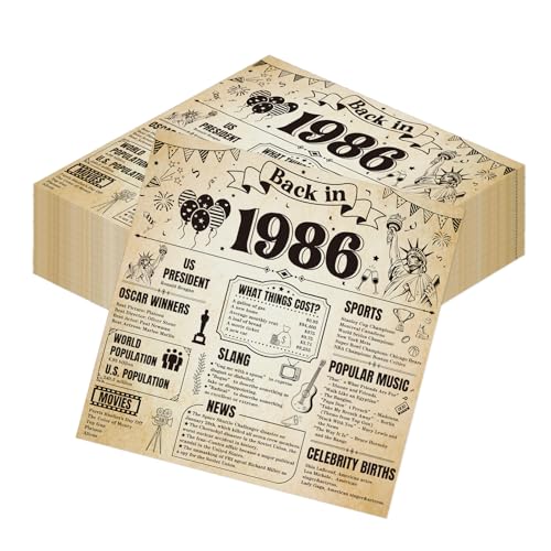 Hokinaa 40th Birthday Party Decorations - 50 Pcs Vintage Newspaper Back in 1986 Paper Decorative Napkins Set Disposable Happy Cheers to 40 Year Old Dinner Cocktail Decor Supplies for Men Women Guest