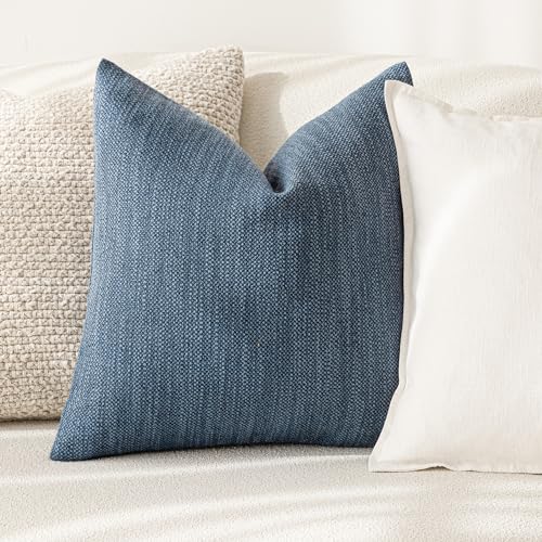 Image of Foindtower Set of 2 Decorative Textured Burlap Linen Throw Pillow Covers Farmhouse Boho Cushion Cover Solid Accent Pillowcase for Couch Sofa Bed Living Room Home Decor,18x18 Inch,Navy Blue