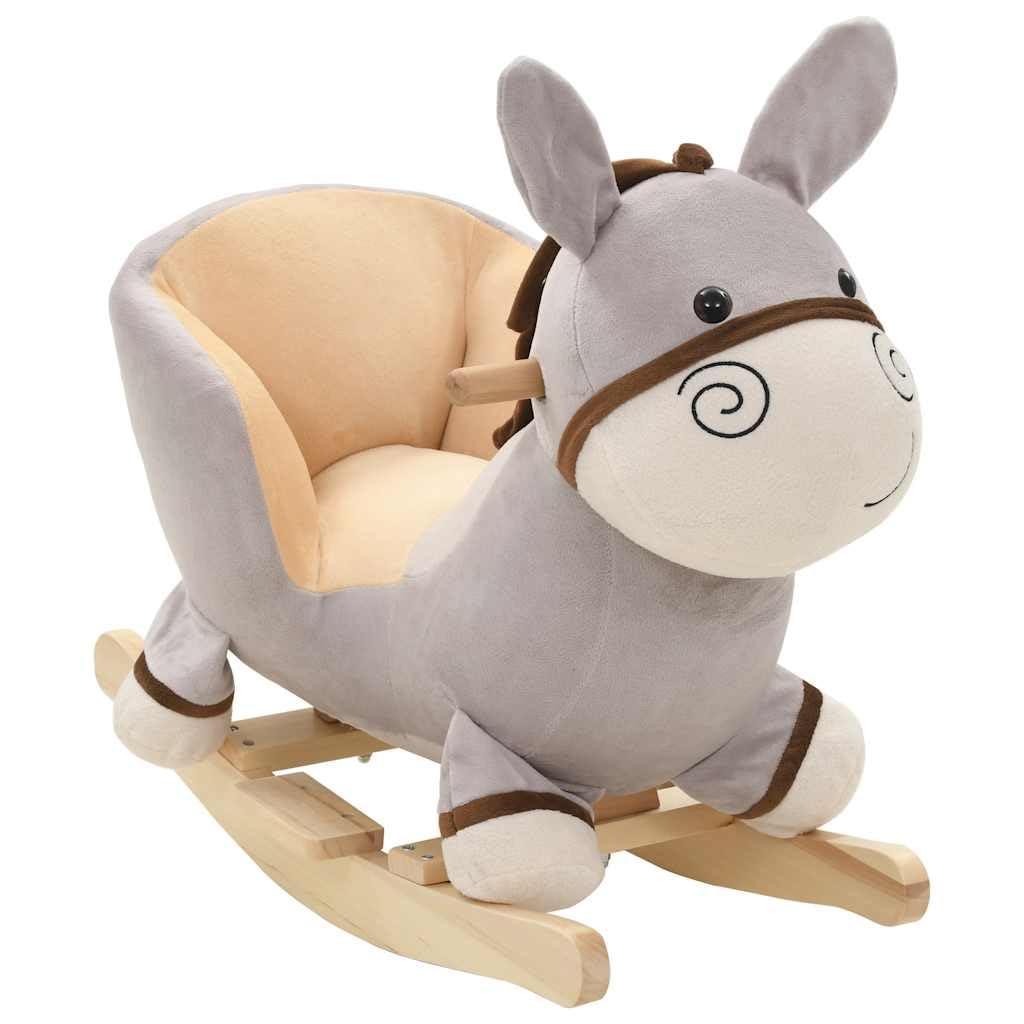 Schaukeltier Esel mit Rückenlehne Plüsch grau 60x32x55 cm Kinder Schaukelpferd mit Holzsockel Metallrahmen Griff und Gurt für Baby Kleinkind Indoor Spielzimmer Geschenk