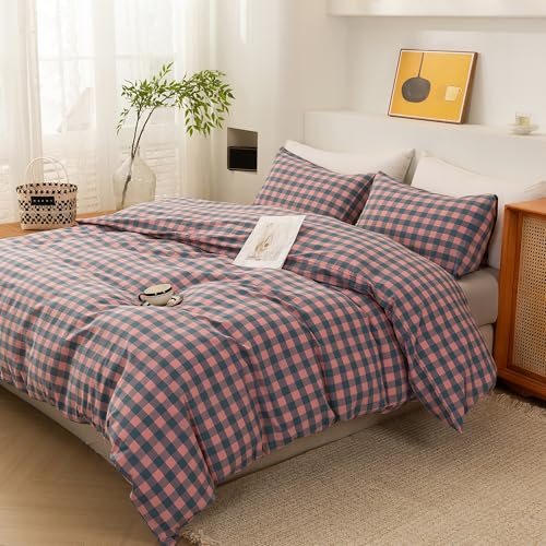Image of ECOCOTT Duvet Cover Oversized King Size, 100% Washed Cotton Linen-Like Soft & Breathable, Durable Comfy Bedding Set for All Seasons, Purple Pink Plaid