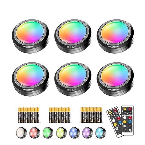 Image of Puck Lights with Remote,Under Cabinet Lighting Wireless,Battery Operated RGB LED Lights Dimmable,7 Colors Push Lights for Closet,Kitchen,Under Counter Lights Bar Display Shelf (6pack)