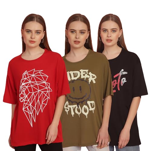 Image of Mack Jonney Printed Round Neck Cotton Regular Fit Oversize Half Sleeves Tshirt for Women(Pack of 3)-MACK631093