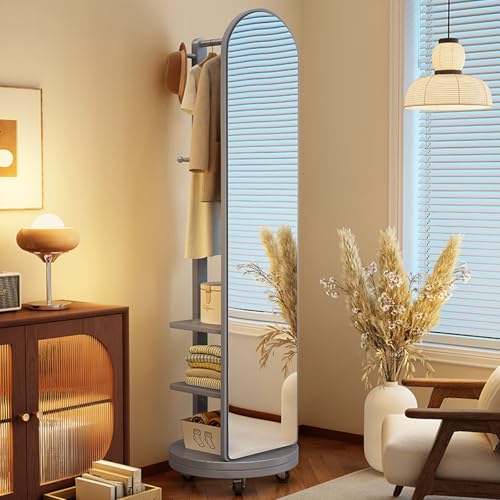 Specchio A Figura Intera con Ruote Girevoli, Specchio A Figura Intera in Legno Massello Girevole A 360° con Appendiabiti, Specchi da Terra 2 in 1 e Appendiabiti, per Soggiorno, Camera da Letto