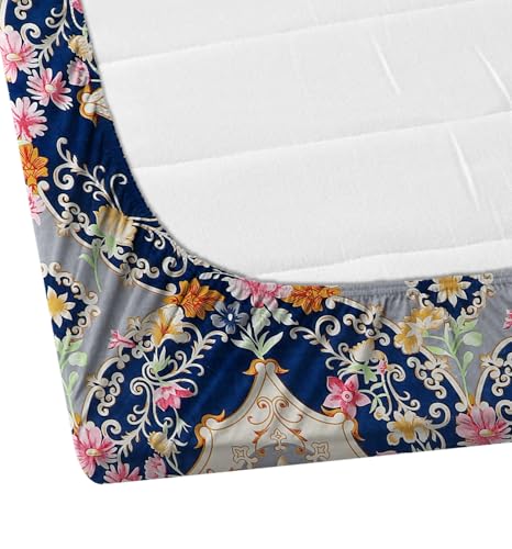 Image of DECORUM Glace Cotton Fitted 1 Bedsheet King Size (72 inchx78 inch) | All Around Elastic | Cotton Feel | 2 Pillow Covers (17 inchx27 inch) | Fits Up to 8 inch Mattress | 200-220 TC | Printed Double Bed Sheet Set