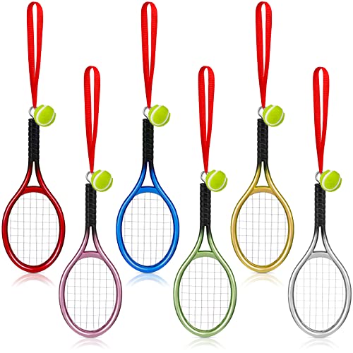 Tennis Racket with Ball Christmas Ornaments Tennis Ball Racquet Hanging Christmas Tree Decorations with Red Ribbon for Party Xmas Tree Sport Lovers(6)
