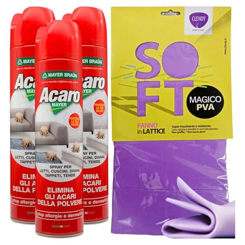 SET: 3x Spray Anti-ACARO Per Letti, Cuscini, Divani, Tappeti e Tende. Elimina Gli Acari Della Polvere 400ml + Panno In Lattice SOFT, Formato 30x30