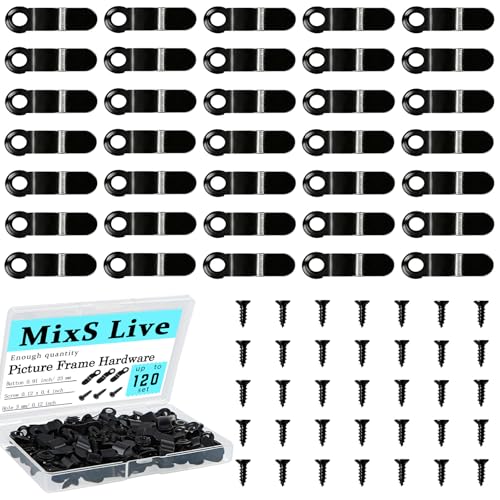 MixS Live 120PCS Metal Picture Frame Turn Buttons Fasteners with Screws, Black Anti-Rust Photo Frame Hardware Kit, No Drill Hanging Clips for Posters Drawings Artworks Photos Canvas
