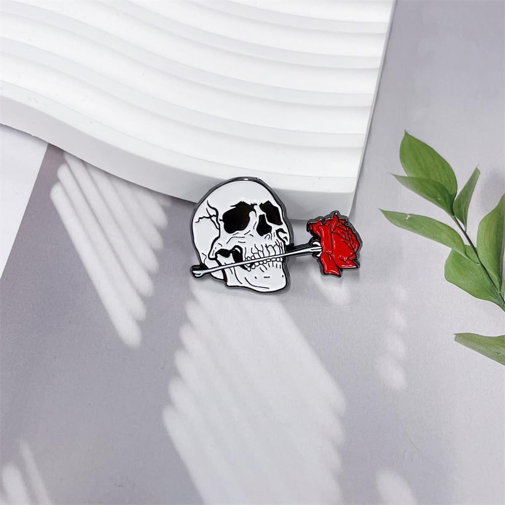 Punk Skull Red Rose Flower Brooch Pin for Women Men Vintage Gothic Enamel Floral Skeleton Lapel Pins Dress Accessories Suit Backpacks Badge Hat Fashion Halloween Jewelry - Image 3