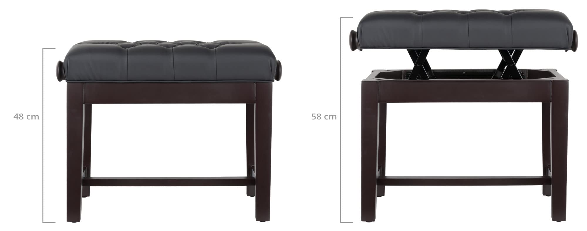Classic Cantabile Pianobank Modell X - Festverleimte Pianobank - Schwarze Sitzfläche im Chesterfield-Stil - Höhenverstellbar von 48,5-56 cm - 4-fache Kreuz-Mechanik - Rosenholz Matt