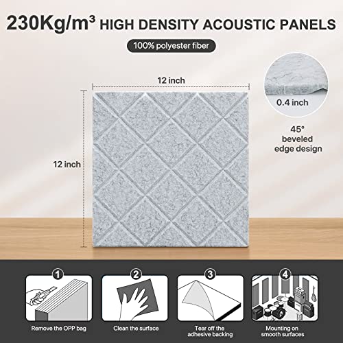 Soundproof Wall Panels, Kuchoow Acoustic Panels Sound Absorbing High Density, 12 Pack Sound Proof Panels for Walls Self-Adhesive, Sound Dampening Panels for Walls Bedroom Studio 12\" X 12\" X 0.4\" Gray - Thumbnail 4
