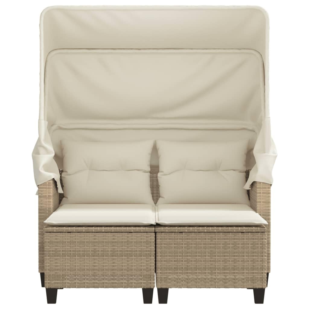 Canapé de Jardin 2 Places en résine tressée Beige avec auvent rétractable et 2 tabourets, Coussins Amovibles, mobilier d'extérieur pour terrasse Balcon Piscine Jardin Patio détente
