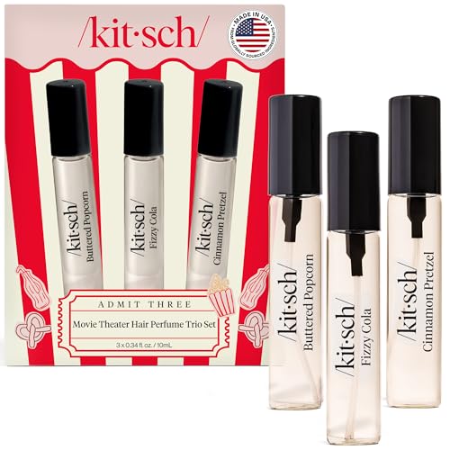 Image of Kitsch Hair Perfume for Women - Movie Theater Set | Deodorizing & Patented Odor-Eliminating Technology Hair Spray & Body Mist - Buttered Popcorn, Fizzy Cola & Cinnamon Pretzel, 3x10mL