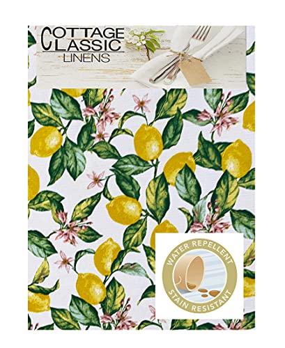 Lintex Meyer Lemon Grove Indoor/Outdoor Fabric Tablecloth, Bright Flowering Lemons Print, Stain Resistant Tablecloth, 52” X 70” Oblong/Rectangular #TOP3