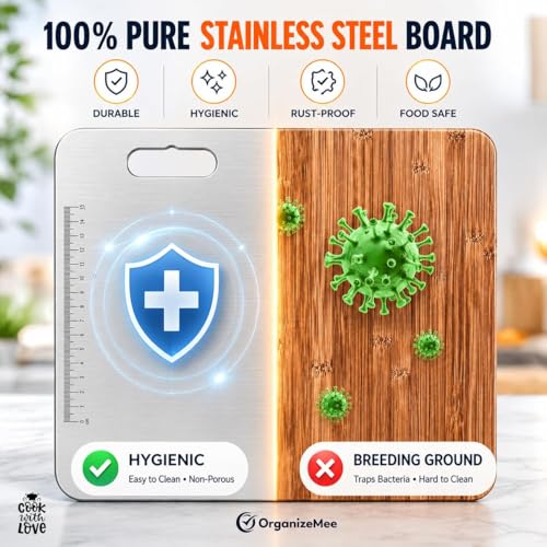 Image of OrganizeMee Stainless Steel Chopping Board Extra Large for Kitchen (45 X 31.2 CM) Kitchen Food Grade,Cutting Vegetable Chopper Board with Anti Skid Silicon & Anti Rust Platform Countertop Pad