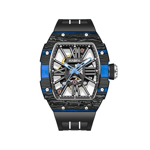 Haofa 腕時計 メンズ 自動巻き スケルトン 炭素繊維ケース 機械式時計 防水 スポーツ ラグジュアリー ファッション カジュアル ウォッチ 樽型 トノー型 シリコンバンド 紳士 ビジネス ファッション