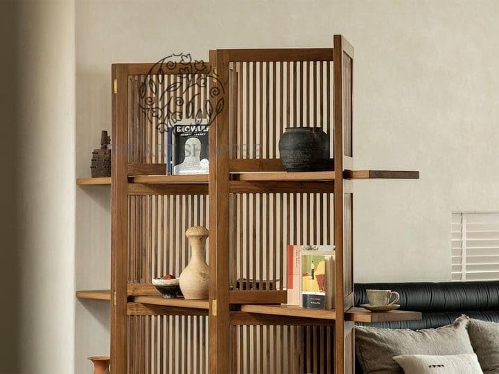 Image of Wooden Partition Divider for Living Room, Partition Wall, Privacy Divider, Freestanding Folding Panels for (6 Feet 5 Panel with 3 Shelve) (6 feet 5 Panel Natural Brown Shading)