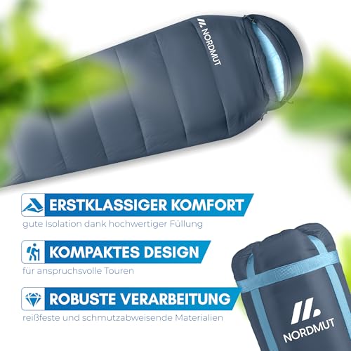 NORDMUT® Schlafsack Ultraleicht – Sommer (100 GSM) und 4-Jahreszeiten (300 GSM), Mumienschlafsack 900g, wasserfest, Camping, inkl. Kompressionsbeutel (3-Jahreszeiten Schlafsack, Marine) 6