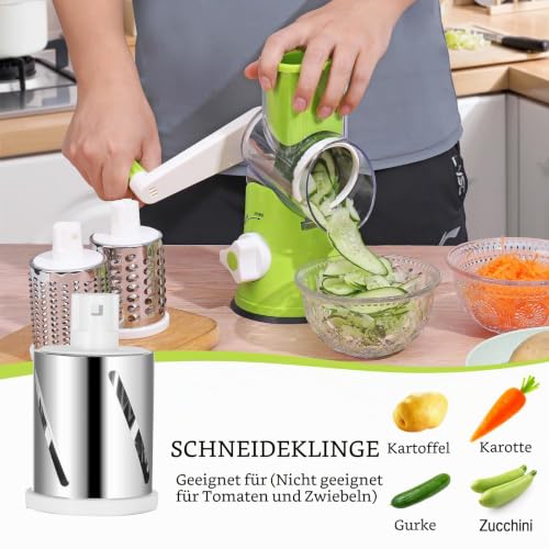 Dreamhigh® Käsereibe mit Kurbel, Gemüseschneider 3 Edelstahl Austauschbaren Trommelklingen, Manuelle Trommelreibe, Gemüsehobel… – Ansicht 3
