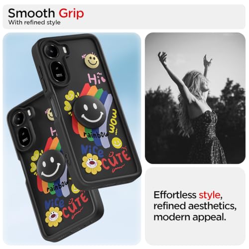 Image of Pikkme Back Cover for Redmi A7 Pro /Poco C85x 5G | Soft Silicone| Cute Rainbow Smile & 3D Cartoon Flower Design | Shockproof Raised Camera Protection Bumper Case (Black)