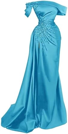Beaded Mermaid Prom Dresses with Slit for Women Turquoise Sequins Prom Dress Off Shoulder Formal Evening Gowns Backless US12 LW142