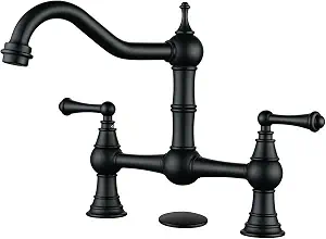 WOWOW Brass Bridge Kitchen Faucet 2 or 3 Hole Without Sprayer, Matte Black, 8 Inch Centerset, 2 Handle