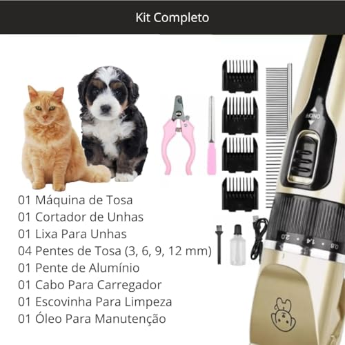 Máquina de Tosar Pets - Kit Profissional Com 11 Peças Aparador com Lâminas Precisas e com Altura Aju