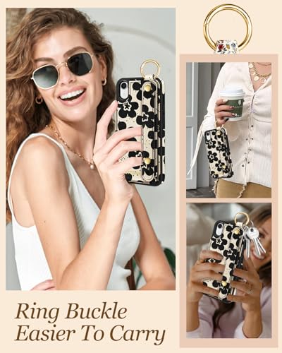 Petitian for iPhone XR Case with Wallet - Women Girls Cute Girly Aesthetic Unique Design Leather Credit Card Holder Cardholder Stand Wristband for iPhone XR, Black Flower - image 6