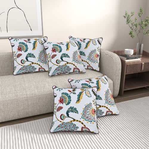 Image of Pure Cotton Quilted Cushion Cover 16x16 Inch | Anokhi Print Decorative Throw Pillow Cover | Soft Cotton Sofa Cushion Cover with Hidden Zipper | Living Room Bedroom Home Decor