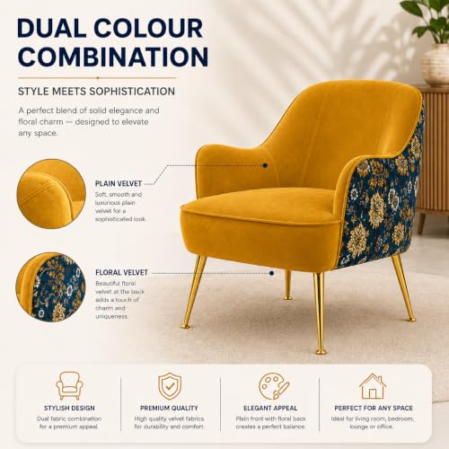 Image of Velvet Chair with Pillow for Home | Modern Accent Armchair in Soft Velvet Fabric with Golden Legs | Premium Accent Chair for Living Room Bedroom Restaurent | (Mustard, Big Zara)