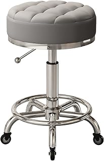 Round Roller Stool with Footrest Pu Leather Height Adjustable Medical Spa Drafting Salon Tattoo Work Swivel 5 Bearing Wheels White 1 (Grey) (Gray)