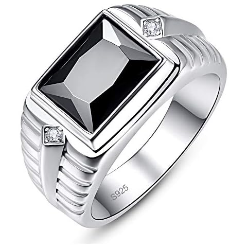 Bonlavie Signet Ring May Birthstone Simulated Green Emerald Black Onyx Ring Rhodium Plating Solid 925 Sterling Silver Wedding Bands for Men Size Q Cover