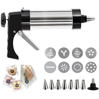 Pastry Press Pastry Syringe with 13 Stencils and 8 Nozzles Biscuit Press Send 100 Biscuit Bags Dough Syringe Stainless Steel Biscuit Machine Cookie Press Stainless Steel Dough Syringe for Cake Biscuits