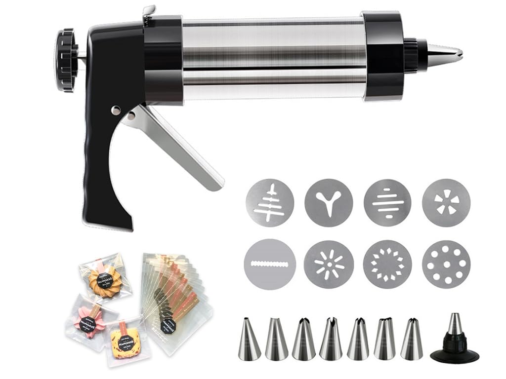 Abiyou Pastry Press, Pastry Syringe, Cookie Press, Biscuit Machine, with 100 Biscuit Bags, 13 Stencils and 8 Nozzles, for DIY Baking Accessories, Dough Cake Biscuits and Decorating Cakes