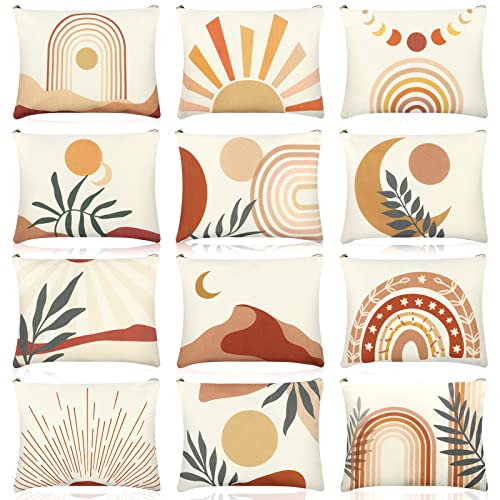 Kajaia 12 Pcs Boho Makeup Bags Bulk for Woman Rainbow Sunshine and Moonlight Makeup Organizer Zipper Canvas Cosmetic Bags Sun Party Favors Toiletry Bag Gift for Women Girls Lover Friend Birthday