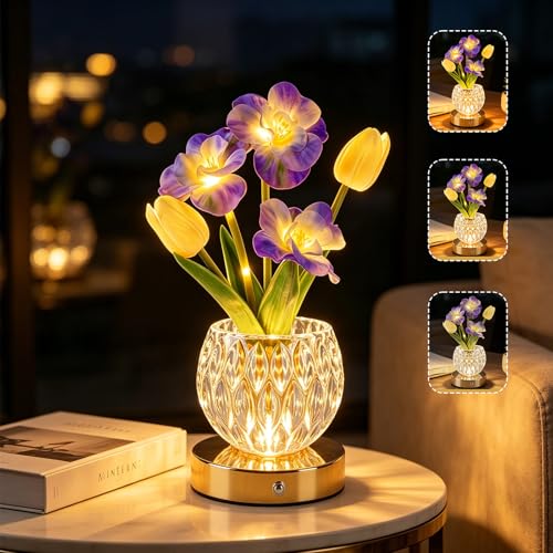 Lámpara de mesa de tulipán, 3 colores, lámpara de noche táctil de cristal con florero de intensidad variable, lámpara de escritorio recargable inalámbrica,regalo romántico para mujer mamá (flor de