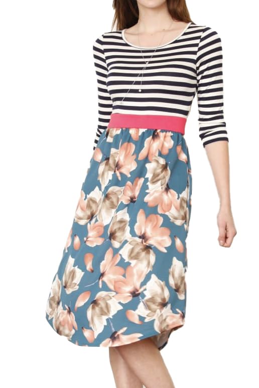 Image of Eloges Women's 3 /4 Sleeve Contrast Waist Band Floral Curved Hem Midi Dress
