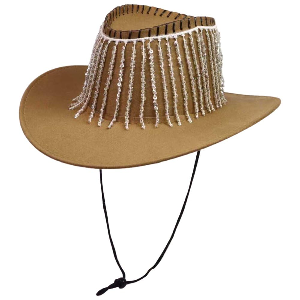 Sofezdo Unisex Cowboy Hat Summer Wide Brim Rhinestone Fringe Cowgirl Hat Sun Protection Party Performance Fedora Hat