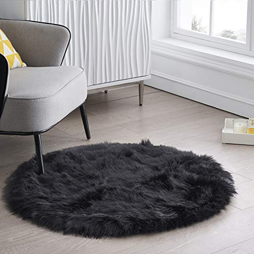 Ciicool Round Fur Fluffy Area Rug for BedroomRound Fur Fluffy Area Rug for Bedroom, Black Faux Fur Rugs Furry Circle Rug