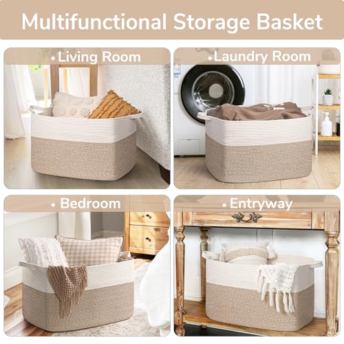 Goodpick Extra Large Woven Blanket Basket, 23.6" x 15.7" x 13.8" Storage Organizer for Blankets, Toys, Dirty Clothes, Rectangle Cotton Rope Basket for Living Room, Nursery, Bedroom