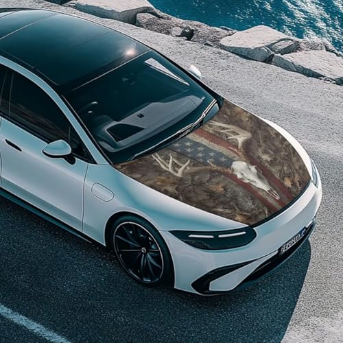 Image of American Flag Deer Skull Design Car Hood Cover 59x39 Inch Car Hood Wrap Blankets Waterproof Stretchable Automotive Hoods Flag for Most SUV Sedans Trucks