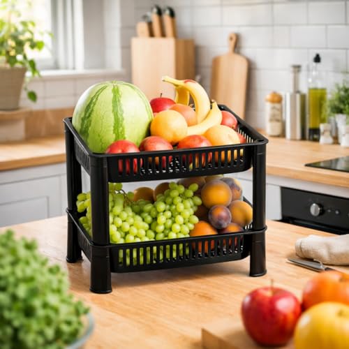 Image of Plastic Kitchen Rack, Multipurpose Vegetable & Fruit Storage Basket Organizer for Home, Pantry & Kitchen - Strong & Easy to Assemble (2 Layer, Black)