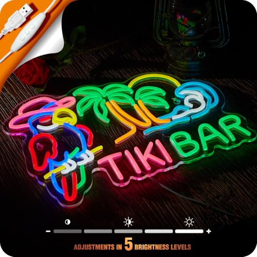 Image of Tiki Bar Parrot Neon Sign Hawaii Bar Palm Tree Beach Wave LED Light