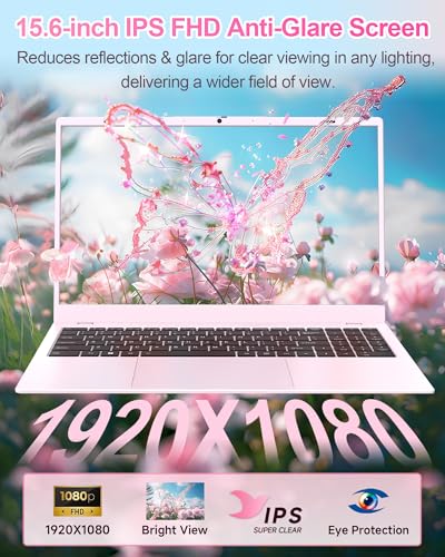 Image of 15.6 Inch Pink Laptop Computer, 12GB RAM 256GB SSD, FHD IPS Display, Pentium Gold 6500Y, Lightweight Student Laptop for School, Work & Everyday Use, Portable Laptop with USB-C HDMI WiFi