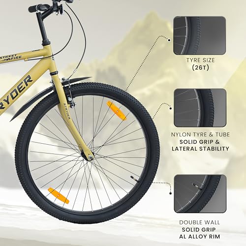 Image of Stryder 26T Street Fire SS (Single Speed) Mountain Cycle - V Brakes| Rigid Suspension| Durable Frame| Adjustable Seat for Ages 12+ (Unisex) (Desert::Strom)