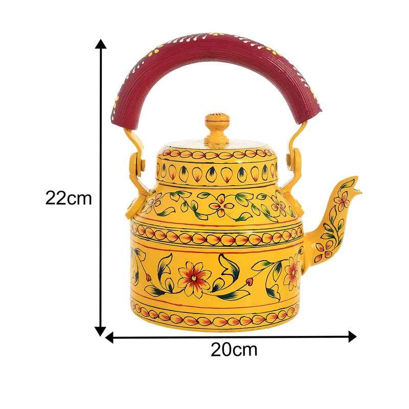 Image of Handpainted Alluminium Tea Kettle with Four Glasses and Wooden Tray for Home Dcor Tea Party Serving -05