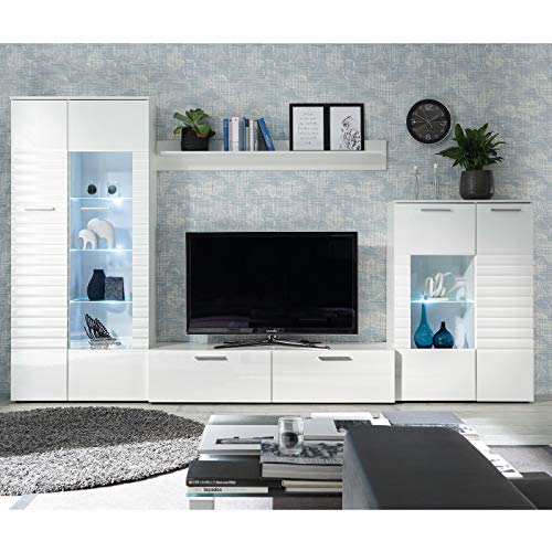 Möbel Akut Wohnwand Anbauwand New Long Front weiß Hochglanz Schrankwand mit LED Cover