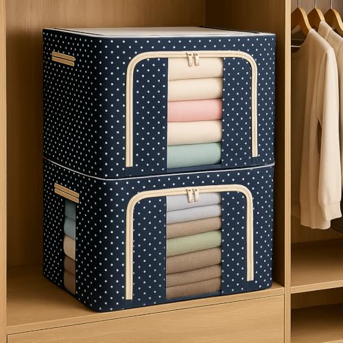 Image of JD FRESH 2 Pcs 66 Liters Foldable Steel Frame Cloth Organizer for Storage /Wardrobe Organizer for Storage /almirah organiser for Sarees /Shirts /Blankets /Clothes Storage Box with Handle - (Blue)