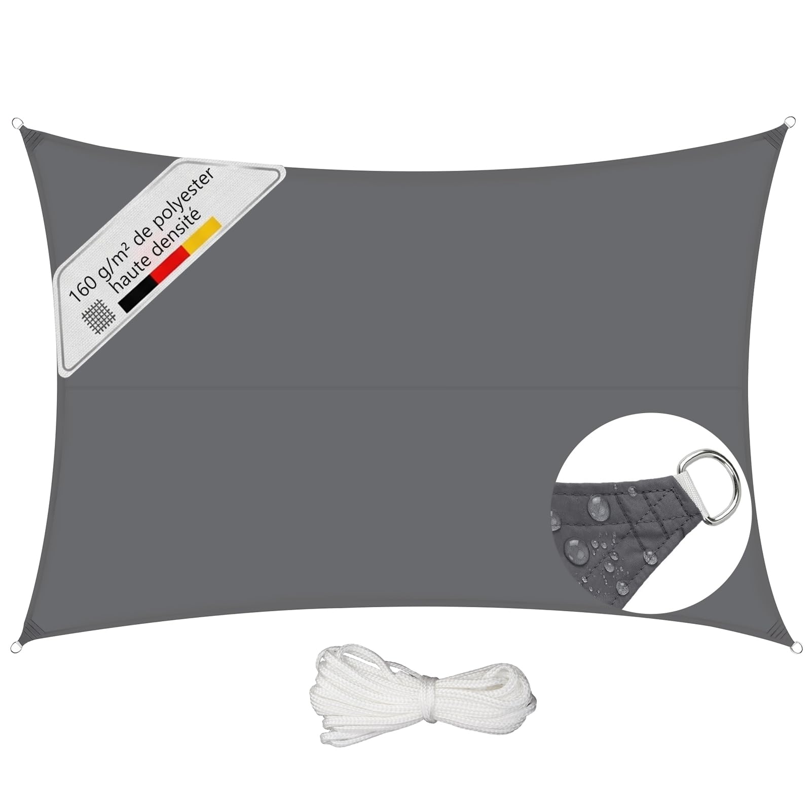 Sunula Voile d'ombrage Rectangulaire 3x4m Imperméable – PES 160g/m², avec Anneaux Acier Inoxydable, Scellement des Coutures et Protection UV Jusqu’à 95%, pour Balcon Terrasse Jardin, Anthracite