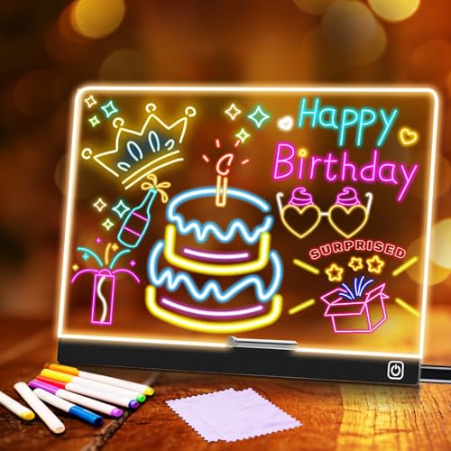 iKALULA LED Zeichenbrett 30x20cm LED Notiztafel mit Farben Acryl Notiztafel mit 7 Statische Farben & 6 Farben Stift für Zeichnen Kreatives Geschenk und Kritzelei-Zeichnen Memo