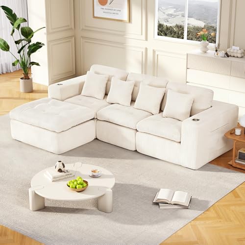 Image of Modular Sectional Sofa, 105 inch L Shaped Comfy Cloud Couch with Deep Seat, Boneless Couch for Living Room, Corduroy Modular Sofa with Chaise and Cup Holders, No Assembly Required, Beige